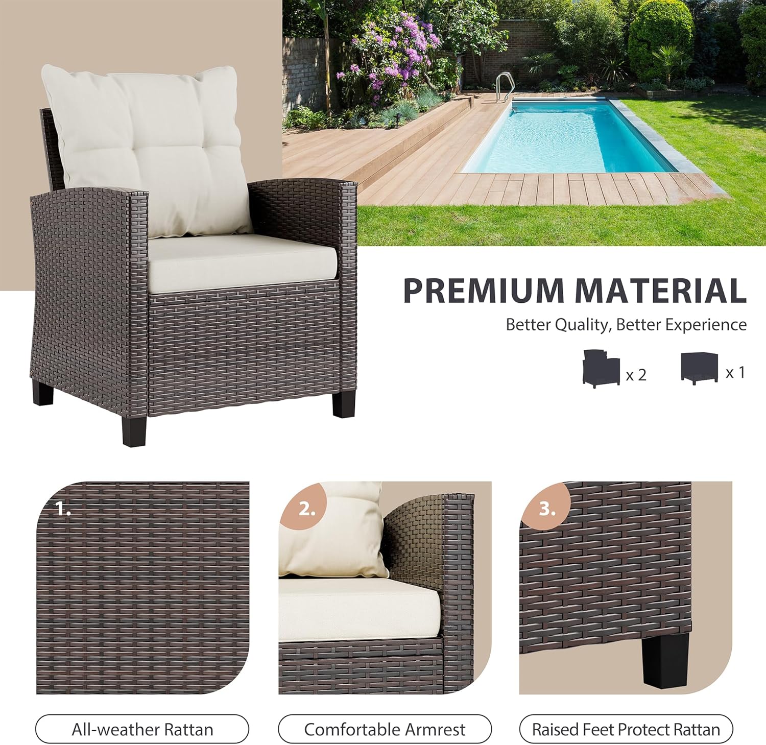 Beige compact 3-piece rattan w - Outdoor Furniture Cushion recension och pris