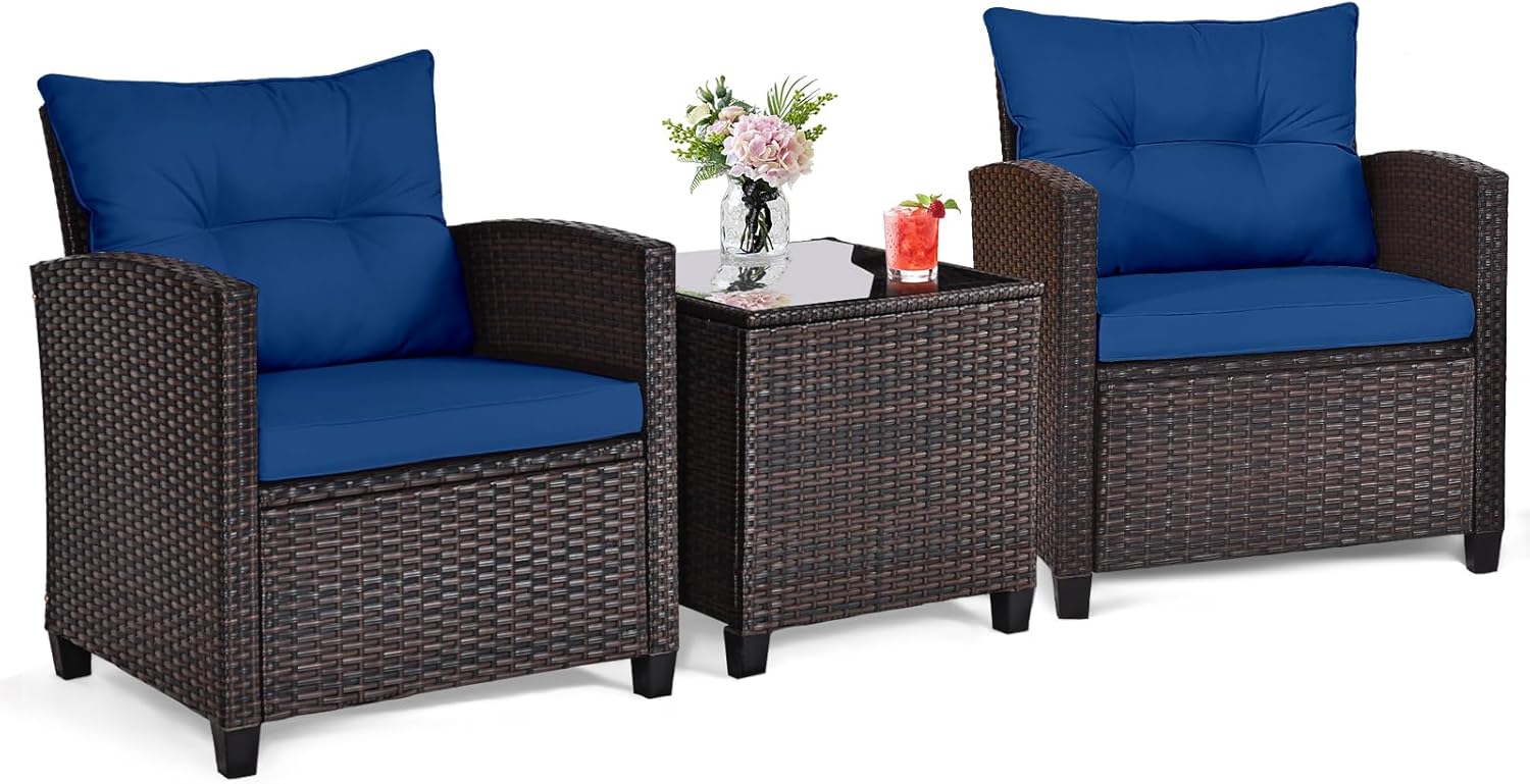 Navy blue rattan wicker 3-piec - Outdoor Furniture Cushion recension och pris