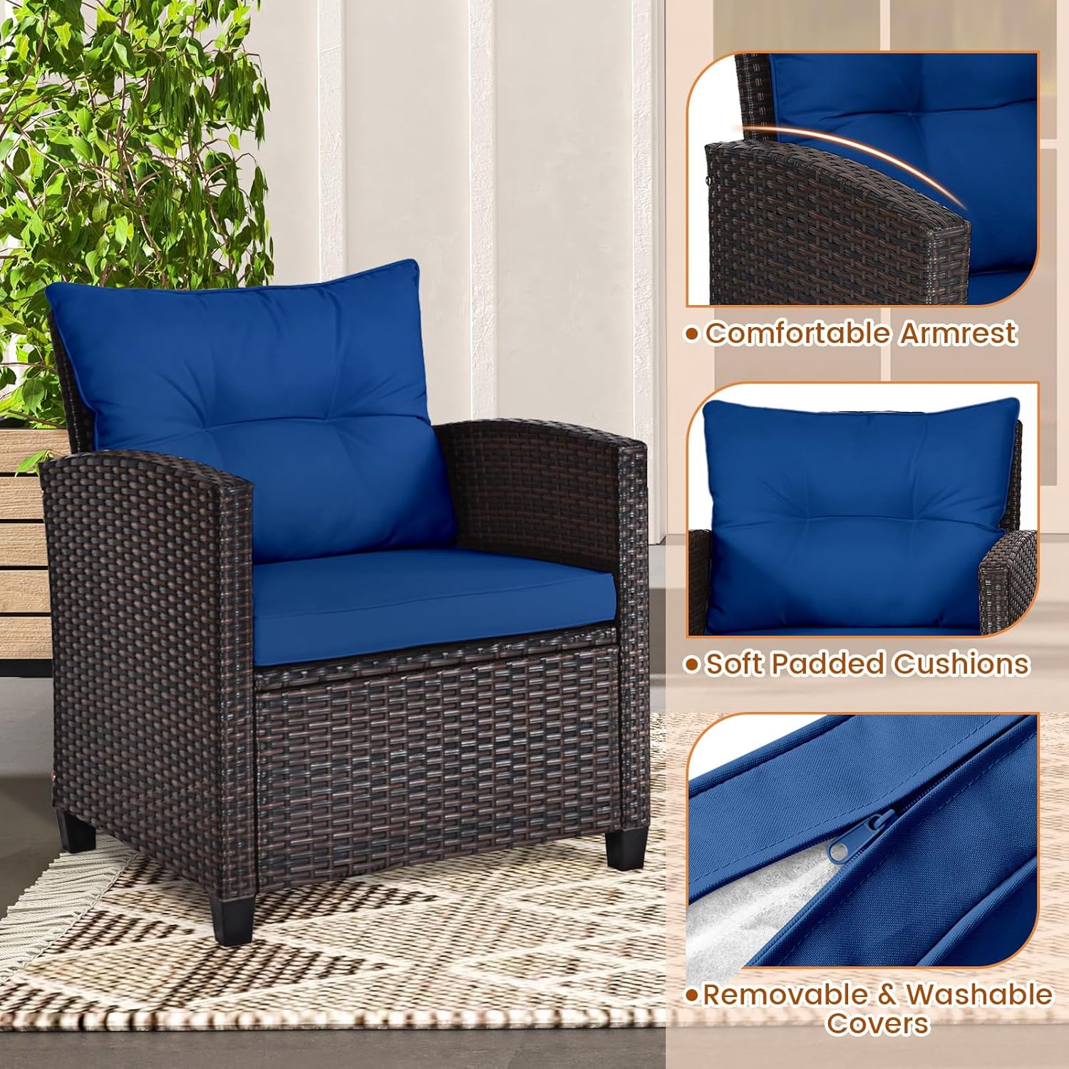 Navy blue rattan wicker 3-piec - Outdoor Furniture Cushion recension och pris